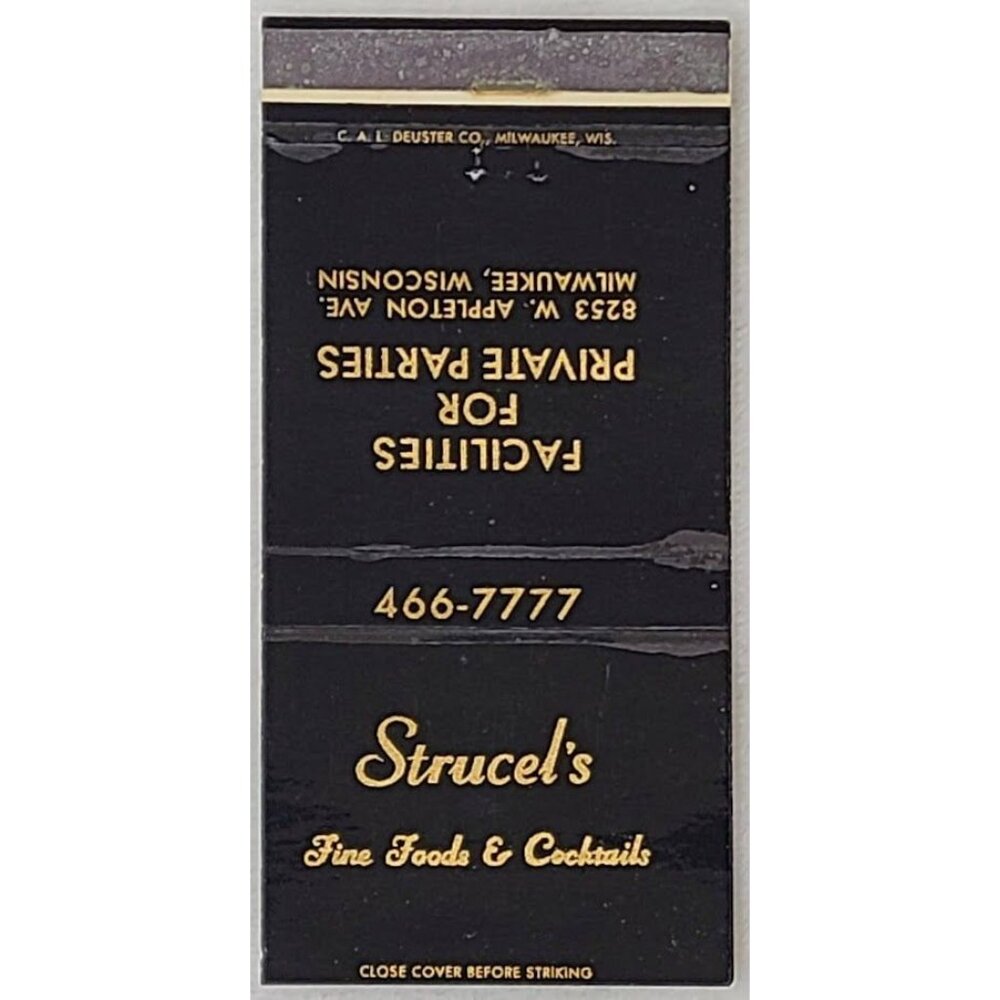 Vintage Matchbook Cover Strucel’s Fine Foods & Cocktails Milwaukee Wisconsin WI